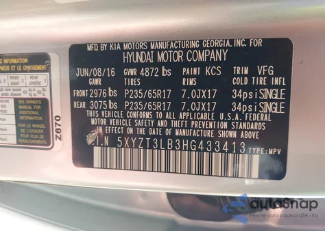 2017 Hyundai Santa Fe Sport 2.4L from USA, damaged, VIN 5XYZT3LB3HG433413